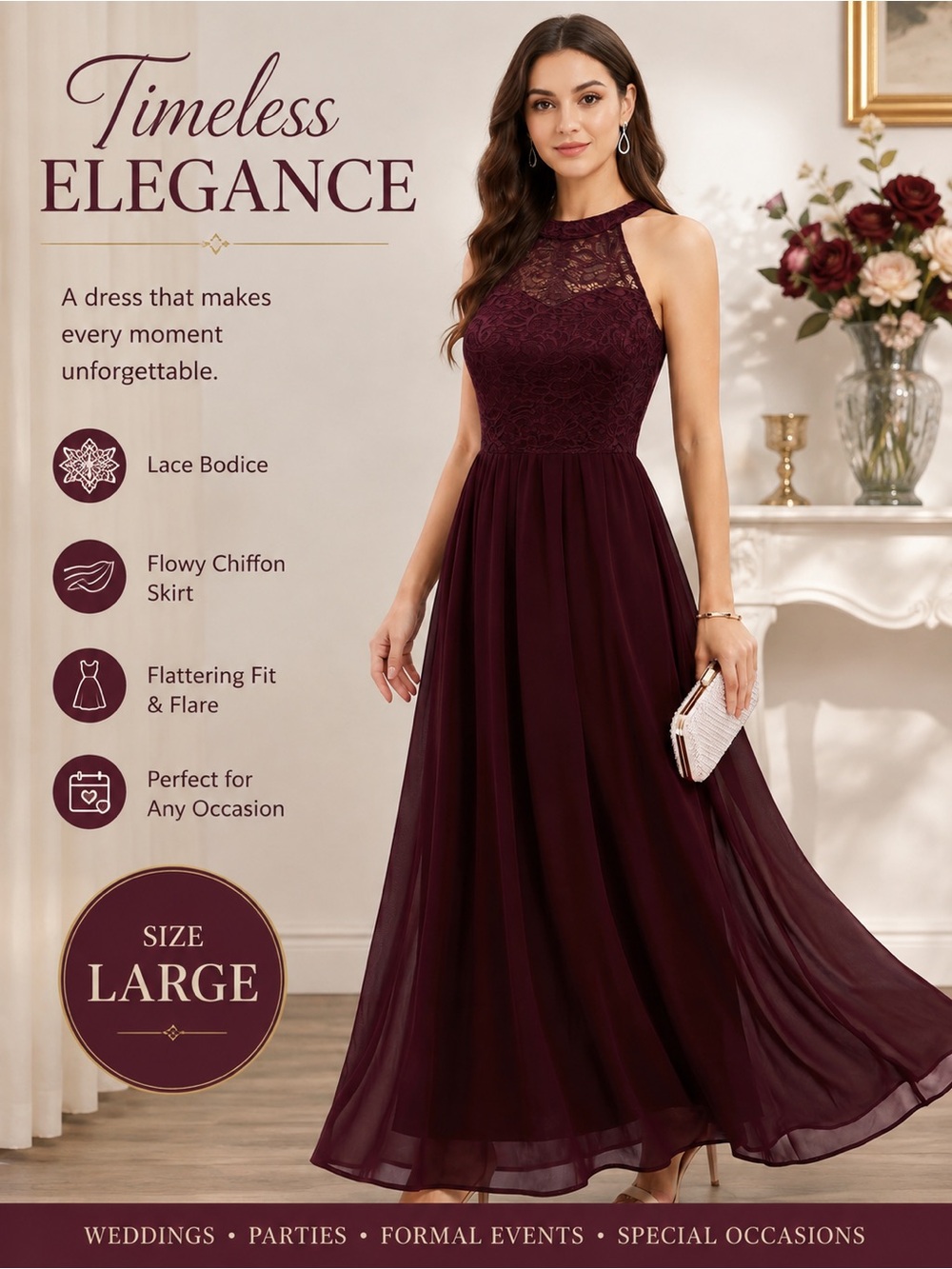 Halter Lace Bodice Maxi Dress in Burgundy